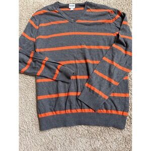 Old Navy Mens XXL Sweater Gray Orange Striped V Neck Long Sleeve Casual